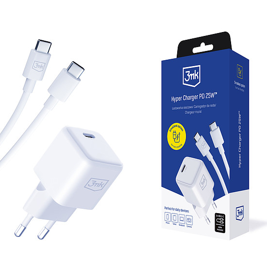 3mk Hyper Charger PD GaN 25W fali töltő USB-C kábellel - fehér