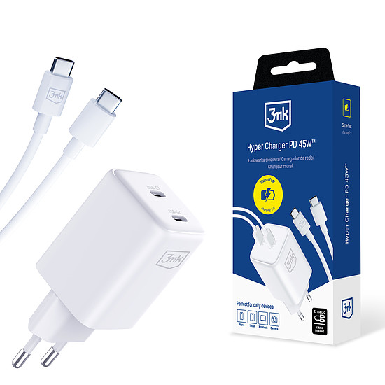 3mk Hyper Charger PD GaN 45W fali töltő USB-C kábellel - fehér