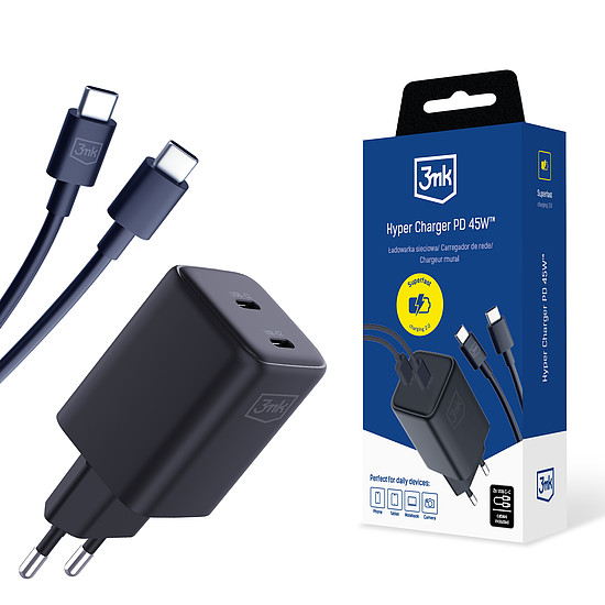 3mk Hyper Charger PD GaN 45W fali töltő USB-C kábellel - fekete