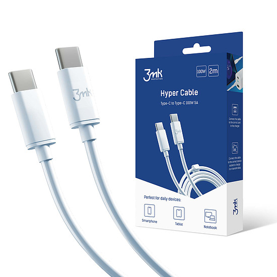 3mk Hyper kábel USB-C / USB-C 100W 2m - fehér