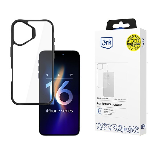 3mk Satin Armor Case+ iPhone 16-hoz - átlátszó fekete kerettel