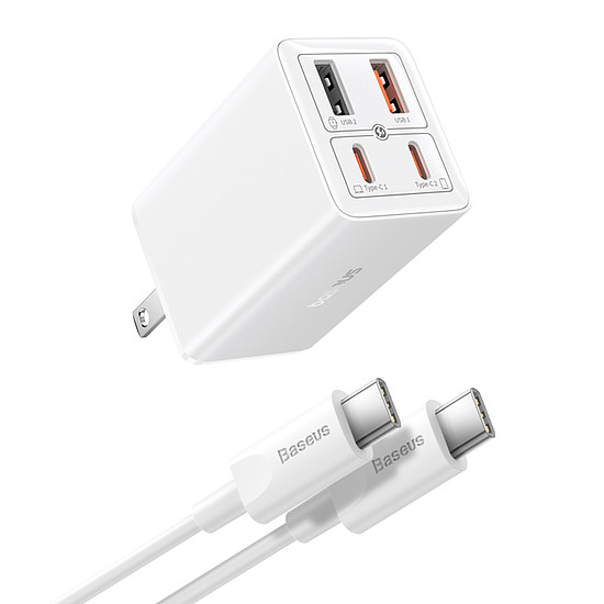 Baseus - [US Plug] fali töltő GaN6 Pro (P10162702213-00) - 2x USB, 2x Type-C, 65W, C típusú kábel, 100W, 20V, 5A, 1m - fehér