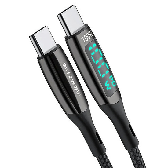 BlitzWolf BW-TC23 USB-C - USB-C töltőkábel kijelzővel, 100W, 1.8m, fekete (BW-TC23 1.8m)