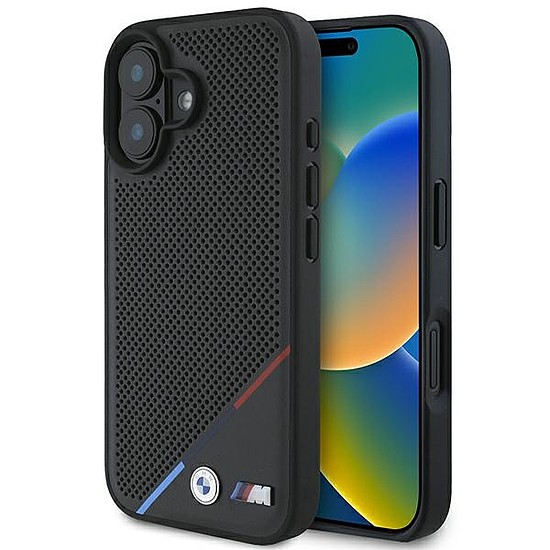 BMW M perforált Tricolor Line MagSafe tok iPhone 16 Plus készülékhez - fekete