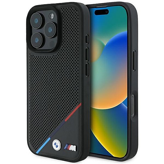 BMW M perforált Tricolor Line MagSafe tok iPhone 16 Pro-hoz - fekete