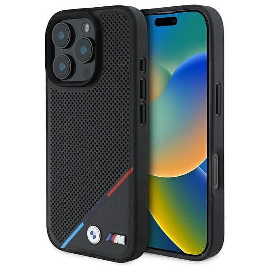 BMW M perforált Tricolor Line MagSafe tok iPhone 16 Pro Max készülékhez - fekete