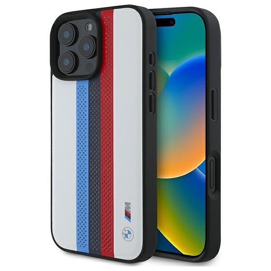 BMW M Performance Tricolor nyomtatott csíkok MagSafeMagSafe iPhone 16 Pro Max tok - fehér