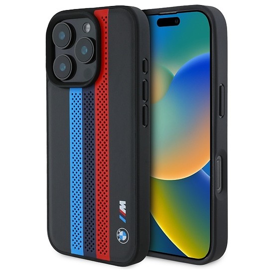 BMW M Performance Tricolor Printed Stripes MagSafe tok iPhone 16 Pro-hoz - fekete