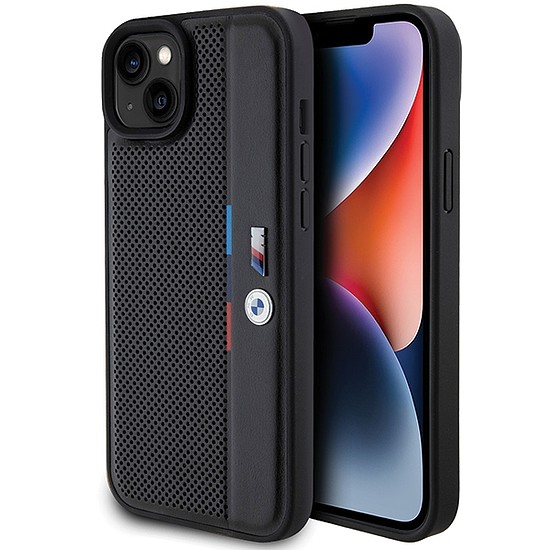 BMW Perforated Tricolor Line tok iPhone 15 Plus / 14 Plus telefonhoz - fekete