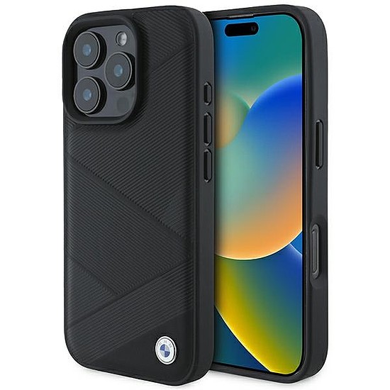 BMW Signature Leather Crossing Lines Mintás iPhone 16 Pro tok - fekete