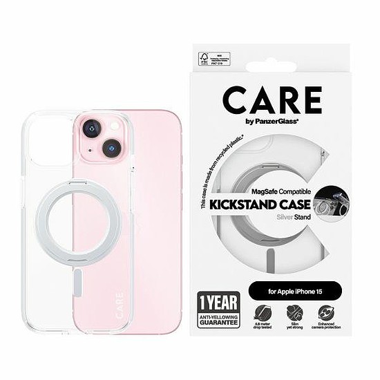 CARE by PanzerGlass Kickstand Case MagSafe iPhone 15-höz - ezüst