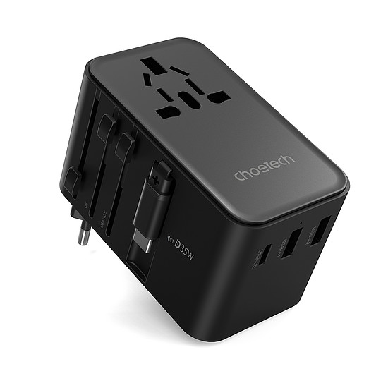 Choetech PD5020 35 W EU/US/AUS/UK utazási adapter beépített USB-C kábellel - fekete