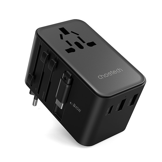 Choetech PD5021 45 W EU/US/AUS/UK utazási adapter beépített USB-C kábellel - fekete