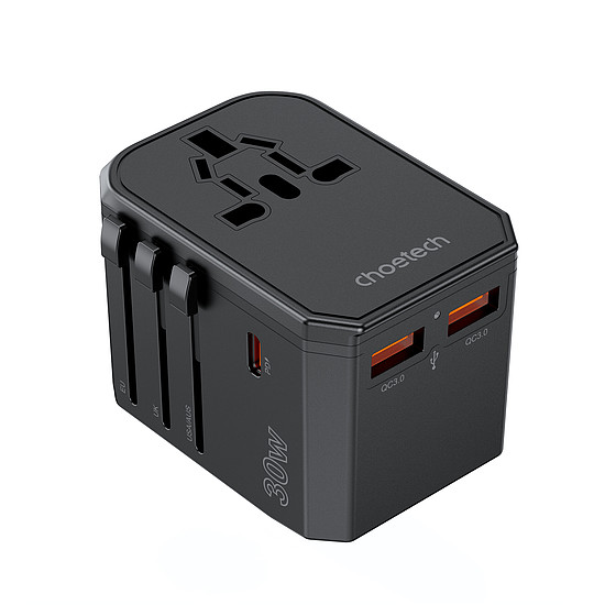 Choetech PD6041 USB-C USB-A PD 30W utazási töltő 4 csatlakozóval USA EU UK AU - fekete