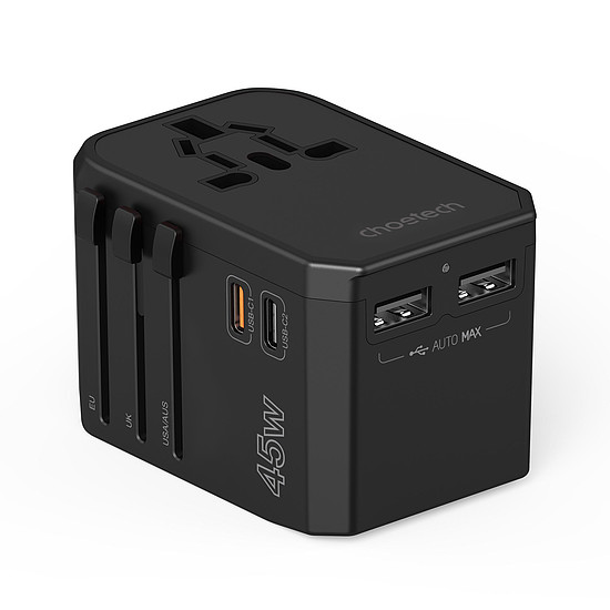 Choetech PD6045 USB-C USB-A 45 W GaN utazási töltő US EU UK AU csatlakozókkal - fekete