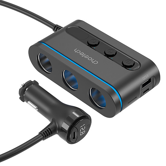 Choetech TC0021 autós töltő 2x USB-C PD 1x USB-A QC 3x szivargyújtó aljzat - fekete