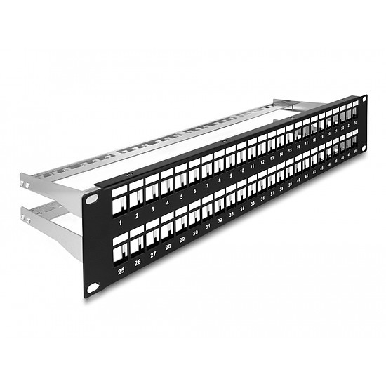 Delock 19 Keystone patch panel 48 porttal és tehermentesítőkkel 2U fekete (66878)