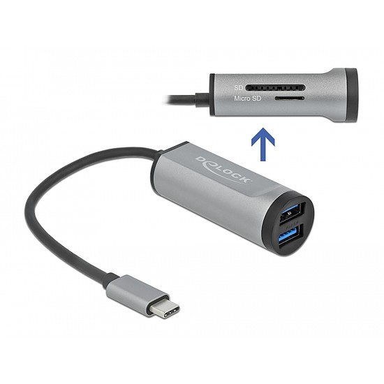 Delock 2 portos, USB 3.2 Gen 1 elosztó USB Type-C kapcsolattal és SD + Micro SD Slottal (64115)