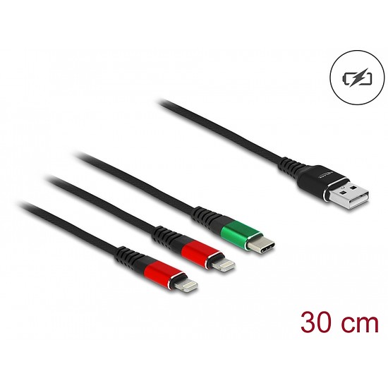 Delock 30 cm hosszú, USB töltő kábel 3 az 1 A-típusú apa 2 x Lightning -, es USB Type-C csatlakozáshoz (87881)