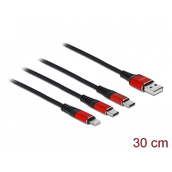 Delock 30 cm hosszú, USB töltő kábel 3 az 1 A-típusú apa Lightning -, es 2 x USB Type-C csatlakozás (86708)