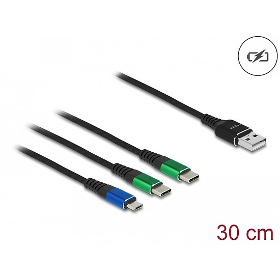 Delock 30 cm hosszú, USB töltő kábel 3 az 1 A-típusú apa Micro USB -, es 2 x USB Type-C csatlakozáshoz (87883)