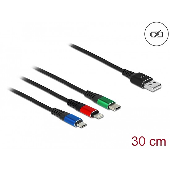 Delock 30 cm hosszú, USB töltő kábel 3 az 1-ben Lightning -, Micro USB- és USB Type-C csatlakozásho (87236)