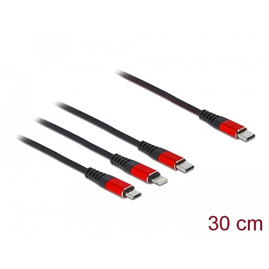 Delock 30 cm hosszú, USB töltő kábel 3 az 1 USB Type-C apa Lightning -, Micro USB- és USB Type-C c (86710)