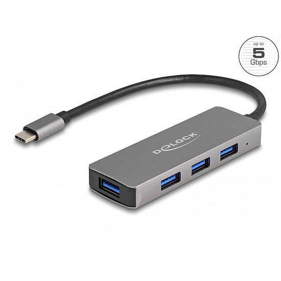 Delock 4 portos USB 3.2 Gen 1 hub USB Type-C csatlakozóval USB Type-A portok az oldalán (63173)