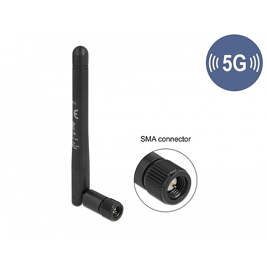 Delock 5G 3,3 - 5,0 GHz antenna SMA apa -1,0 - 4,5 dBi 10,9 cm hosszú kétirányú billenő csatlakozáss (12711)