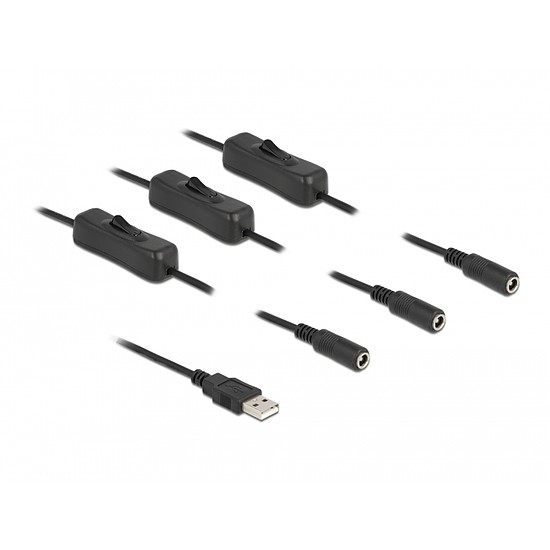 Delock A-típusú USB apa 3 db. DC 5,5 x 2,1 mm anya csatlakozójú, 1 méter hosszú kábel (86798)