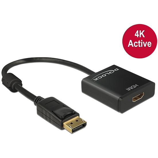 Delock Adapter Displayport 1.2-dugós csatlakozó > HDMI-csatlakozóhüvely 4K aktív, 20cm, fekete (62607)