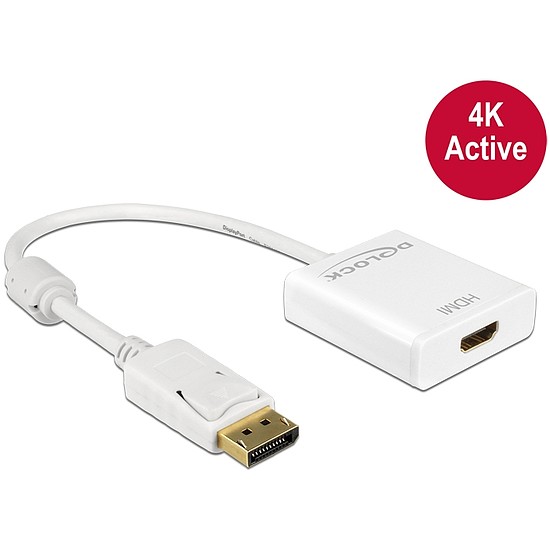 Delock Adapter Displayport 1.2-dugós csatlakozó > HDMI-csatlakozóhüvely 4K aktív, 20cm, fehér (62608)