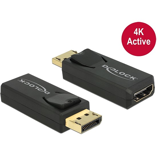 Delock Adapter Displayport 1.2-dugós csatlakozó > HDMI-csatlakozóhüvely 4K aktív, aranyozott, fekete (65573)