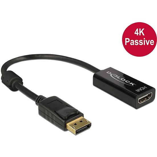 Delock Adapter Displayport 1.2-dugós csatlakozó > HDMI-csatlakozóhüvely 4K passzív, 20cm, fekete (62609)