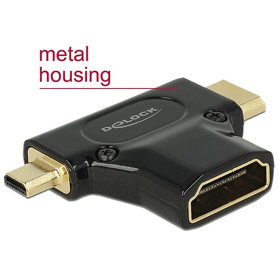 Delock Adapter Gyors-sebességű HDMI Ethernettel - HDMI A anya > HDMI mini-C apa + micro-D apa fekete (65666)