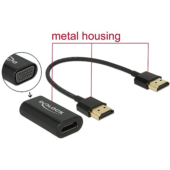 Delock Adapter HDMI-A-csatlakozódugóval > VGA-csatlakozóhüvellyel, fém burkolat, 15 cm-es kábel (65667)