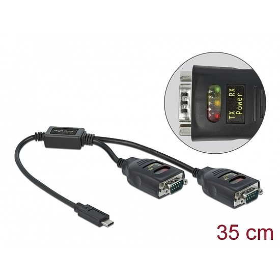 Delock Átalakító USB Type-C 2 x Soros RS-232 DB9 15 kV ESD védelemmel (90494)