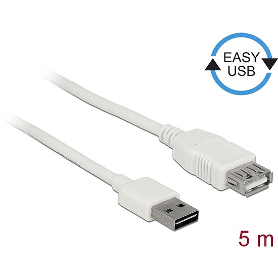 Delock Bővítő kábel EASY-USB 2.0-s A típusú csatlakozódugó > USB 2.0 A-típusú hüvely fehér 5 m (85202)