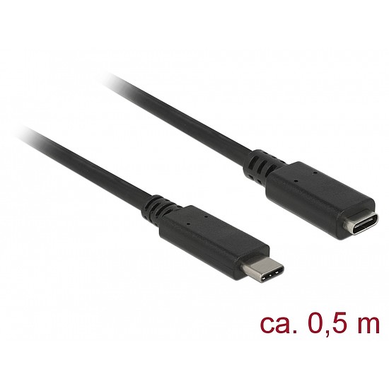 Delock Bovítokábel SuperSpeed USB (USB 3.1 Gen 1) USB Type-C dugó > hüvely, 3 A, 0,5 m, fekete (85532)