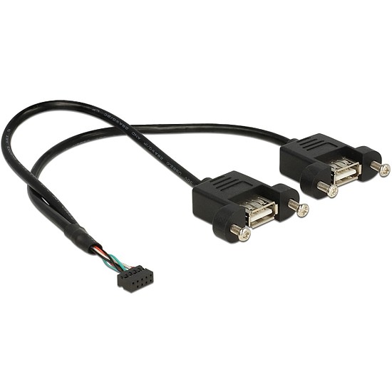 Delock Cable USB 2.0 pin header female 2.00 mm 10 pin > 2 x USB 2.0 Type-A female panel-mount 25 cm (84832)