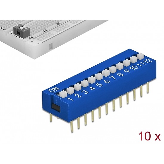 Delock DIP 12 állomásos csúsztató kapcsoló 2,54 mm távolság THT hosszanti kék 10 darab (66388)