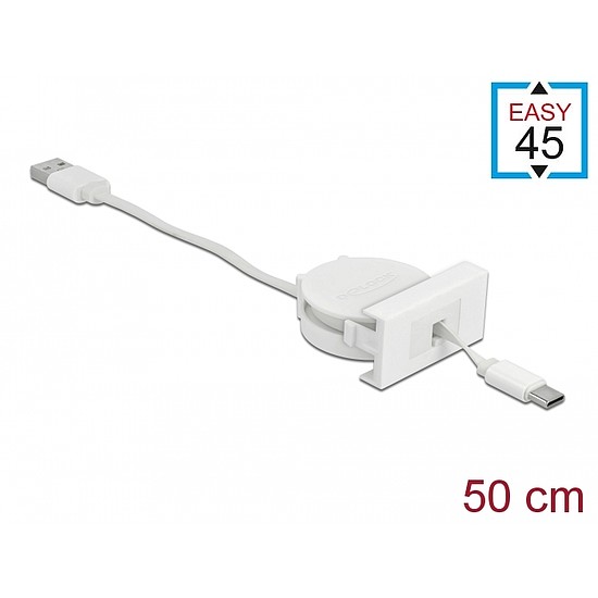 Delock Easy 45 modul USB 2.0 behúzhatós kábel A-típusú USB - USB Type-C csatlakozókkal fehér (81318)