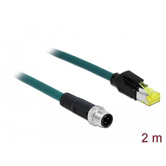 Delock Hálózati kábel M12 4 tűs D-kódú RJ45 Hirose csatlakozóhoz TPU borítás 2 m hosszú (85442)