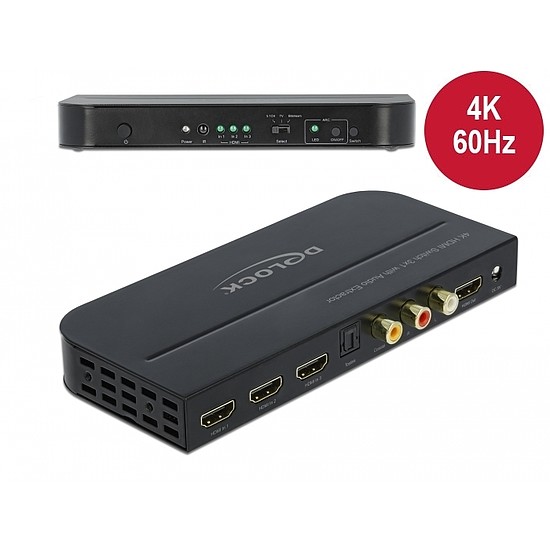 Delock HDMI kapcsoló 3 x HDMI bemenet - 1 x HDMI kimenet 4K 60 Hz Audio Extractor-ral (66498)