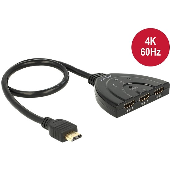 Delock HDMI UHD-kapcsoló, 3 x HDMI-bemenet > 1 x HDMI-kimenet, 4K integrált kábellel (50 cm) (18600)