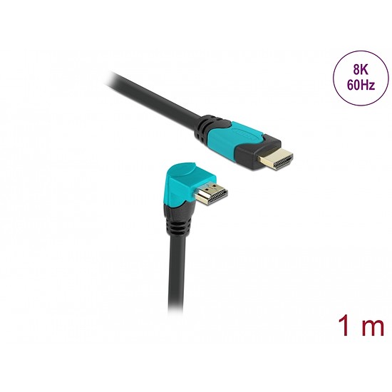 Delock High Speed HDMI kábel egyenes csatlakozódugóval - csatlakozódugóval 90 ívelt lefelé 48 Gbps (86991)