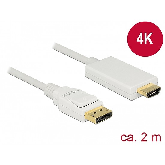 Delock Kábel Displayport 1.2 dugó > High Speed HDMI-A dugó passzív 4K 2 m fehér (83818)