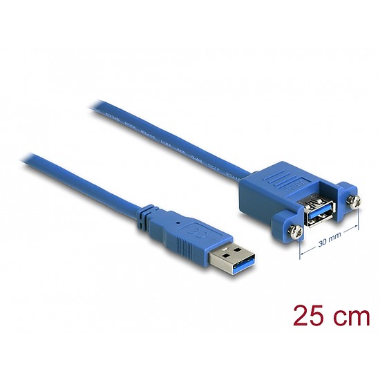 Delock Kábel, USB 3.0-s A típusú bementi csatlakozós > USB 3.0-s A-típusú csatlakozóhüvely, panelrögzítés, 25 cm (86994)