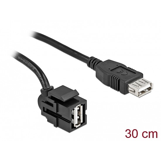 Delock Keystone modul, USB 2.0 A-csatlakozóhüvely 250 > USB 2.0 A-csatlakozóhüvely, kábellel fekete (86870)