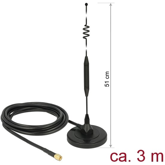 Delock LTE antenna SMA-dugó 6 dBi irányítatlan, rögzített, mágneses talppal és csatlakozókábellel (R (12429)